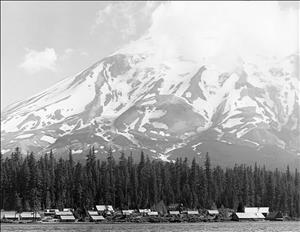 Mount St. Helens Lodge and resort viewed from Spirit Lake, early 1960s